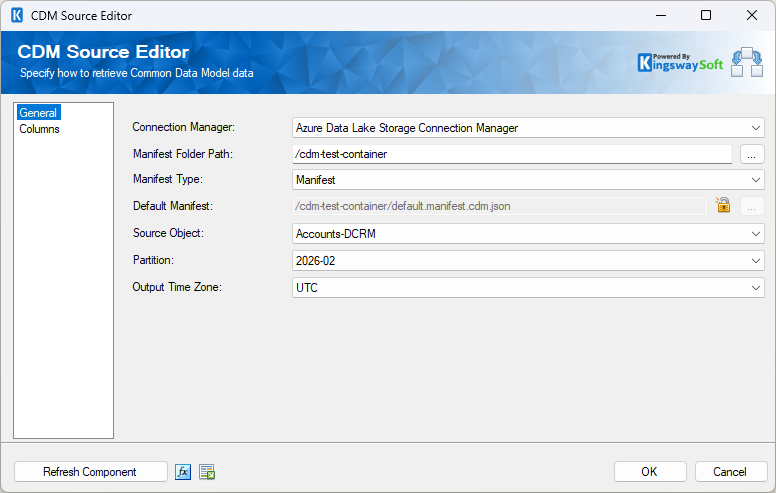 CDM Source configuration screen with manifest path and object selection.